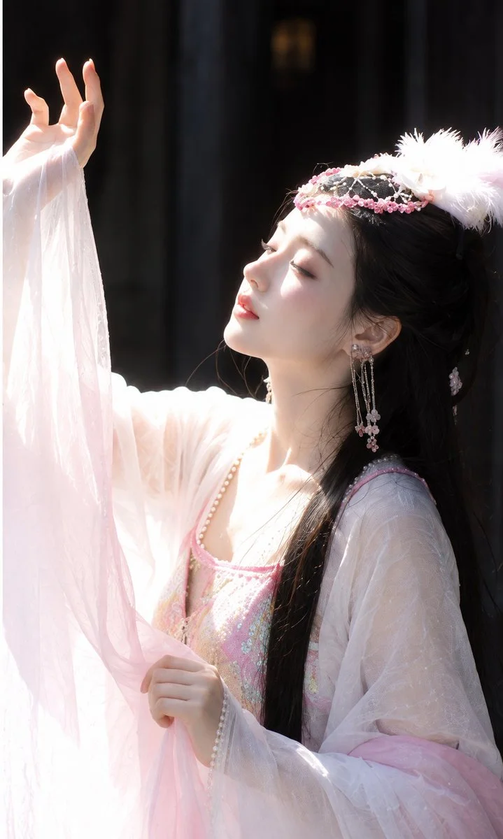 Sunlit Hanfu Woman Holding Rabbit in Wooden Corridor