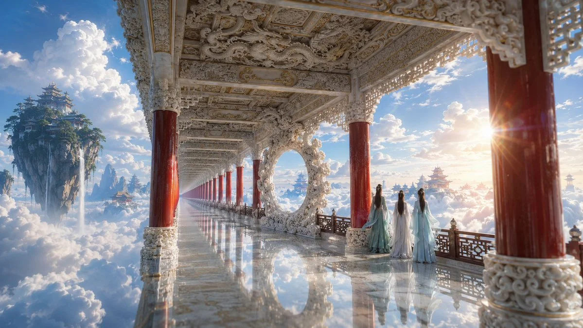 Sunlit jade palace corridor with distant floating mountains and towers