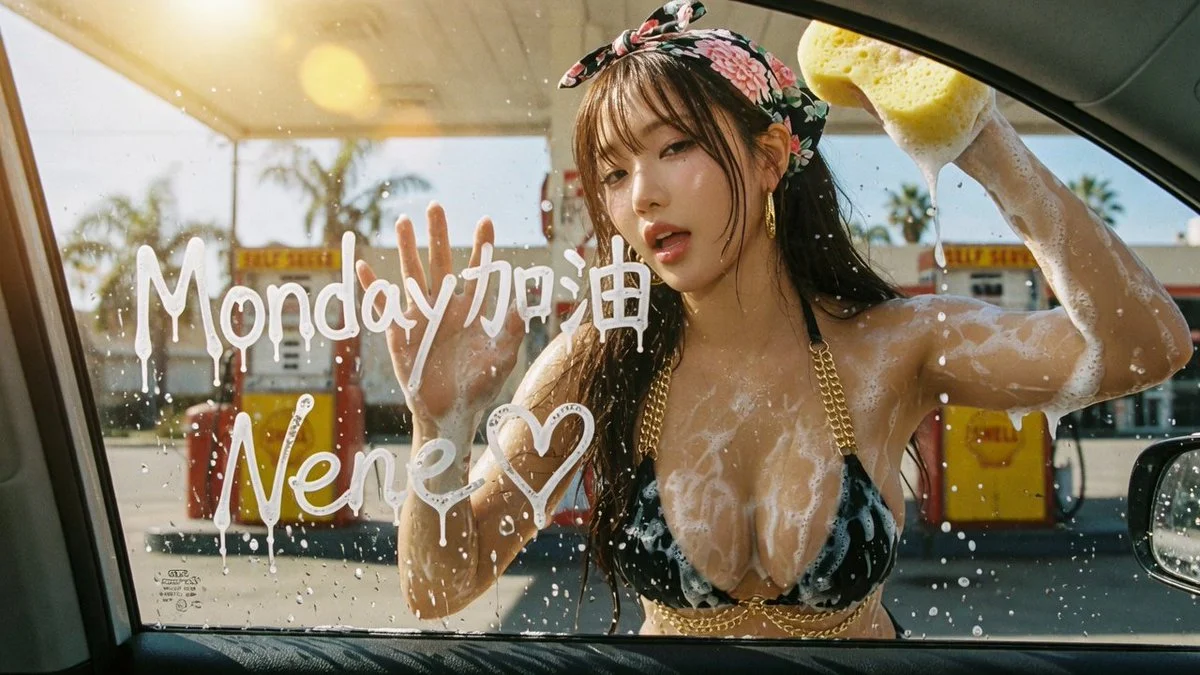 Sunlit K-pop Maid at Vintage Gas Station