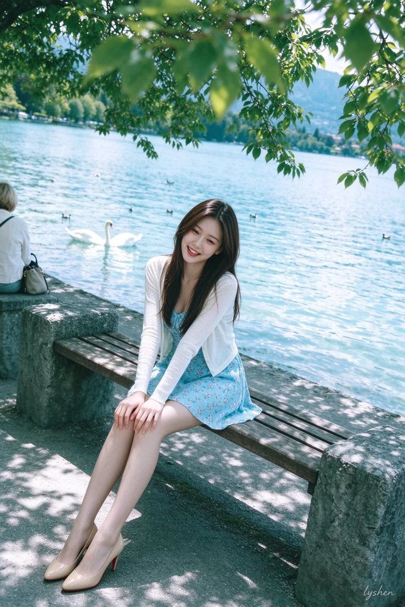 Sunlit Lakeside Portrait of a Seated East Asian Woman Smiling