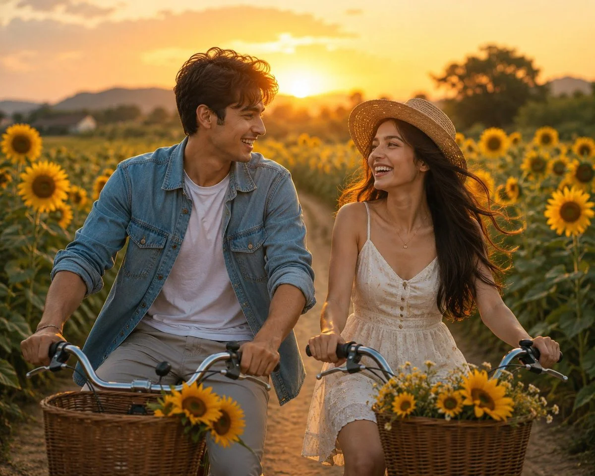 Sunlit laughter fills the air as two lovers cycle together