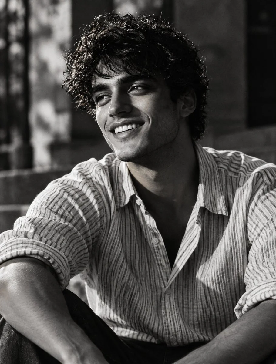 Sunlit Laughter on City Steps in Monochrome Editorial Portrait