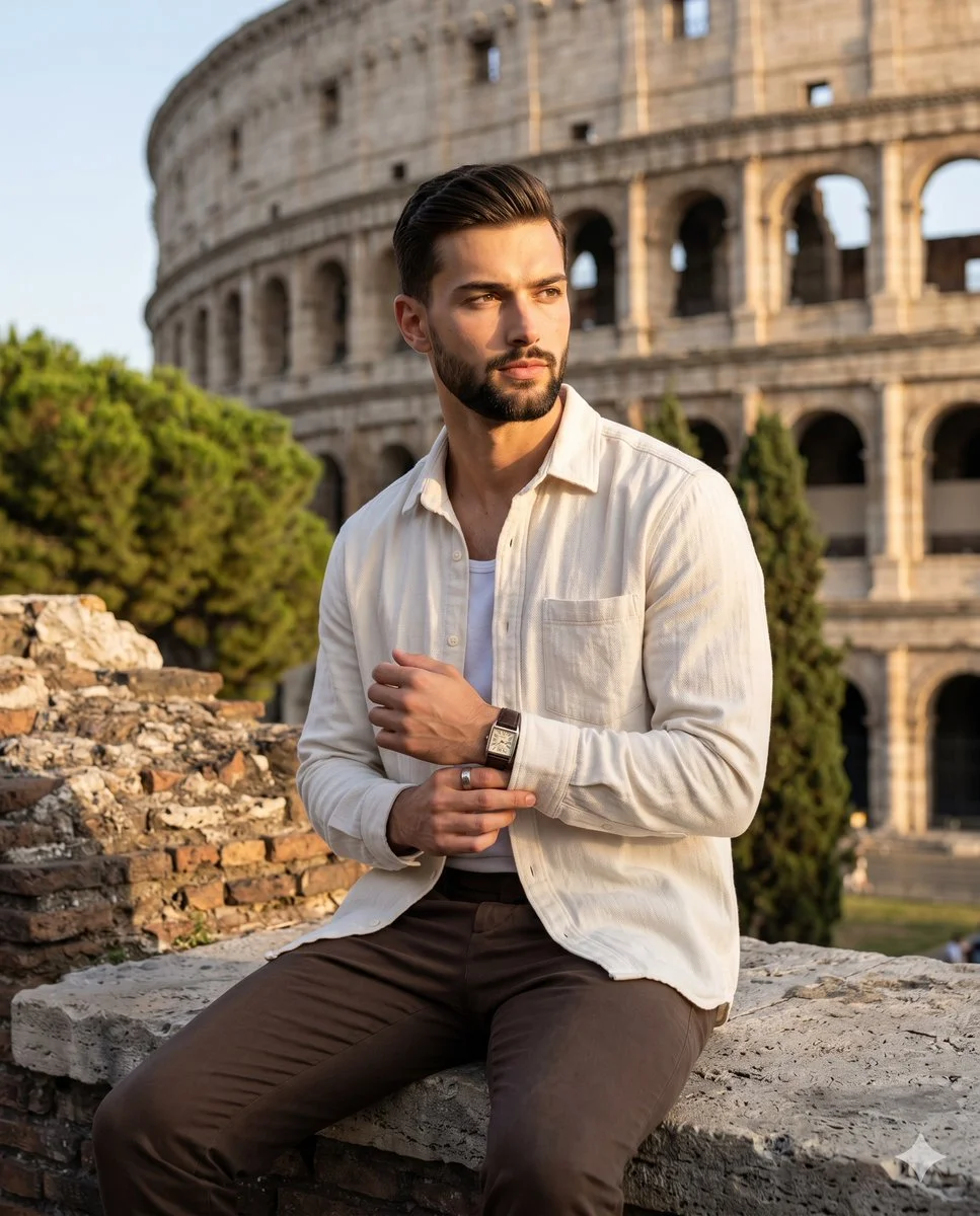 Sunlit man in off-white shirt sits on ancient Roman wall