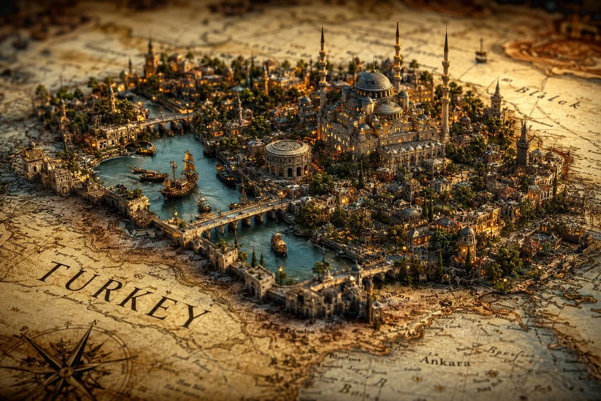 Sunlit miniature Paris emerges from an antique cartographic atlas.