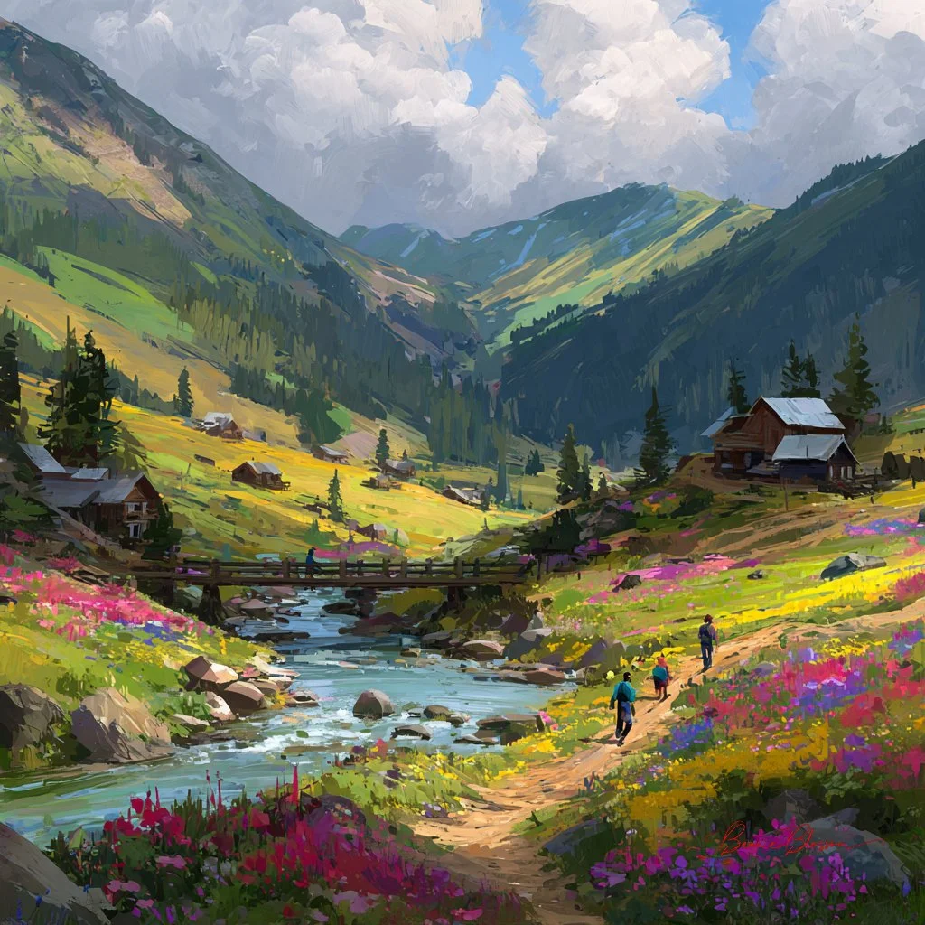 Sunlit Mountain Valley with Wildflower Meadows