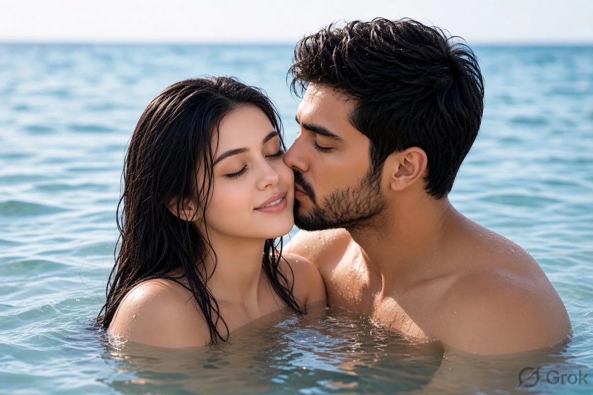 Sunlit ocean kiss between lovers with wet hair glistening