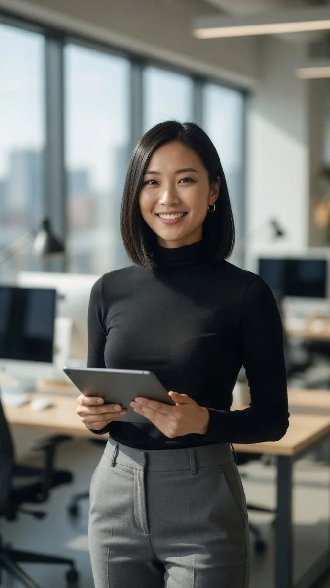 Sunlit portrait captures empowered woman in sleek business attire smiling