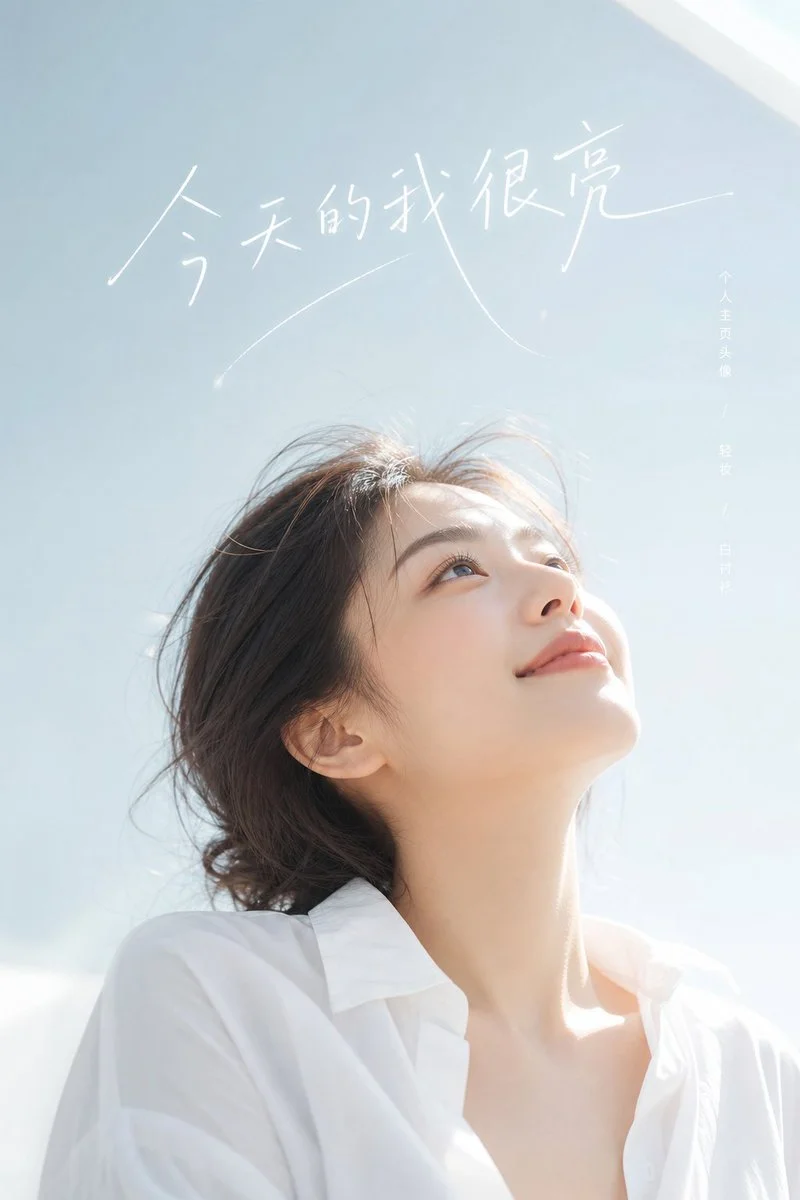 Sunlit portrait captures joyful woman in white against blue sky