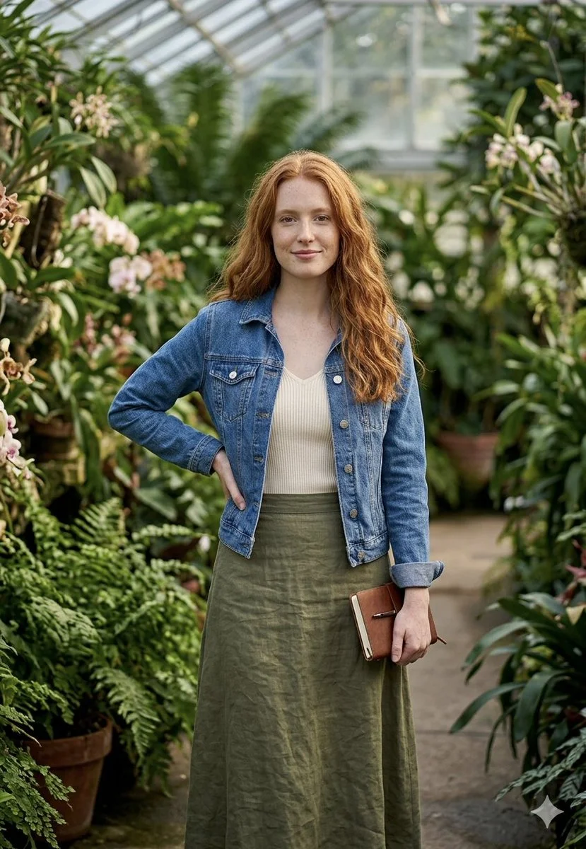 Sunlit Portrait of a Redhead in a Lush Greenhouse