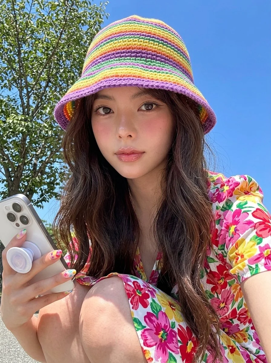 Sunlit Portrait of a Woman in Vibrant Floral Dress and Crochet Hat