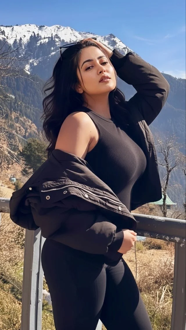 Sunlit portrait of a woman with dark hair against Himalayan mountains