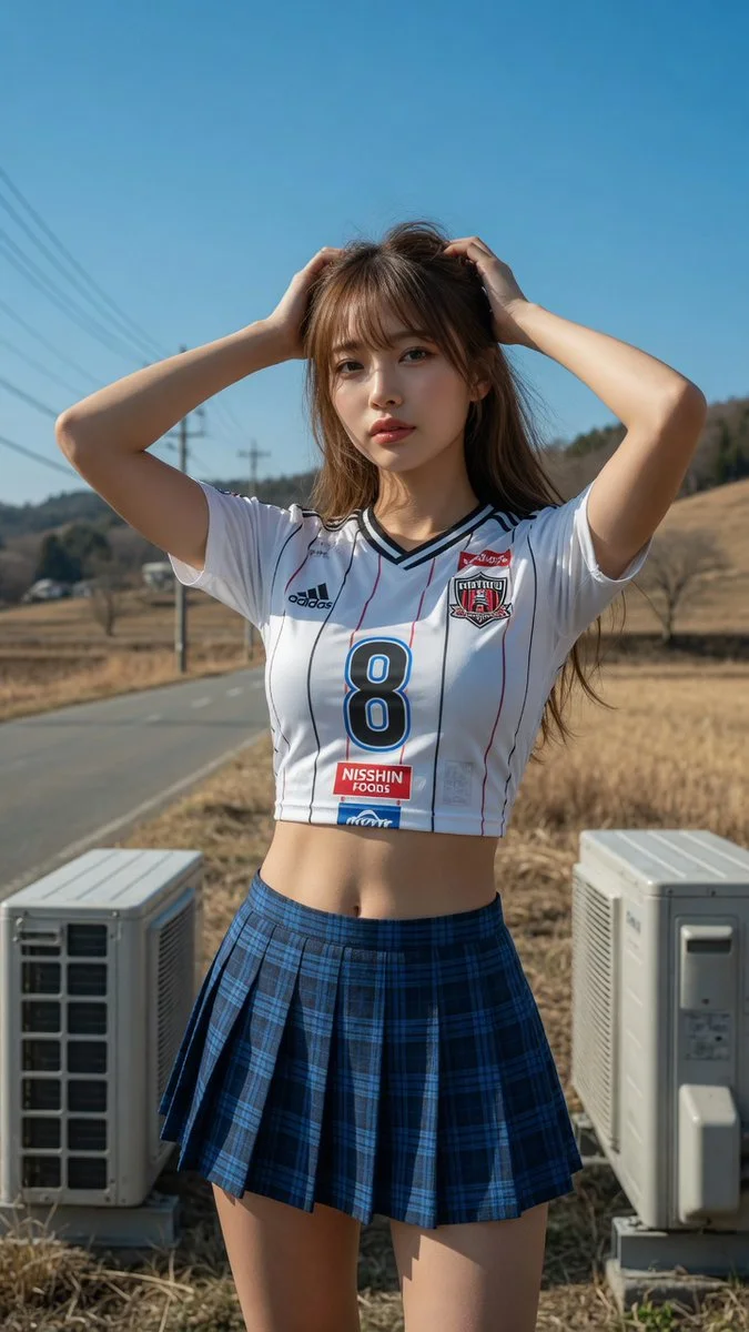 Sunlit portrait of soccer fan with hands in hair on asphalt