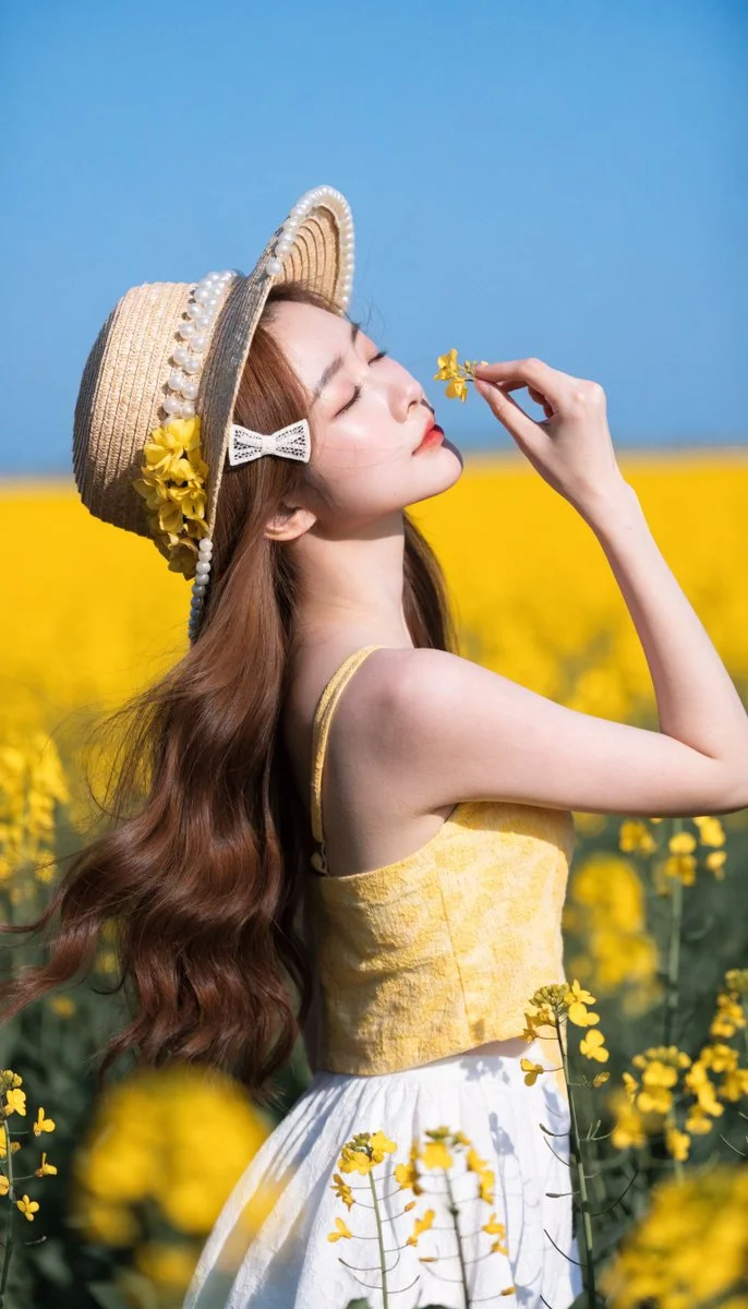 Sunlit portrait of woman with straw hat amidst golden blossoms
