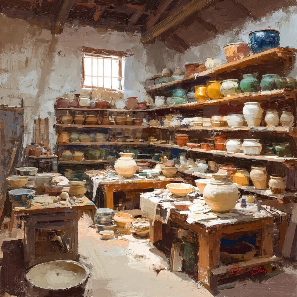 Sunlit Pottery Studio Alive with Clay and Color
