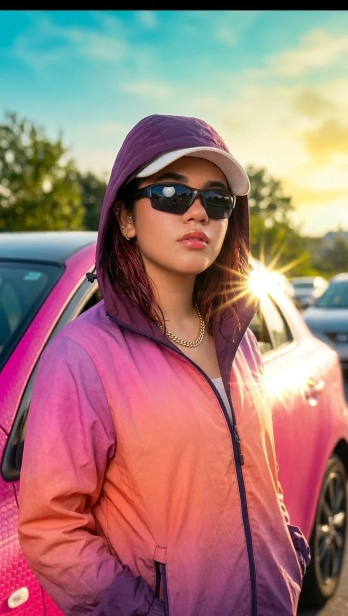 Sunlit rebel in sporty hoodie looks down from window