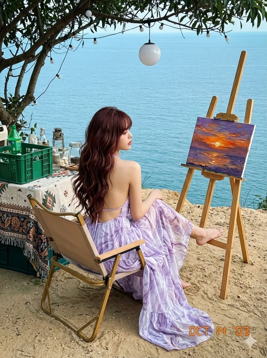 Sunlit Reverie: Vintage Style Portrait by the Ocean Overlook