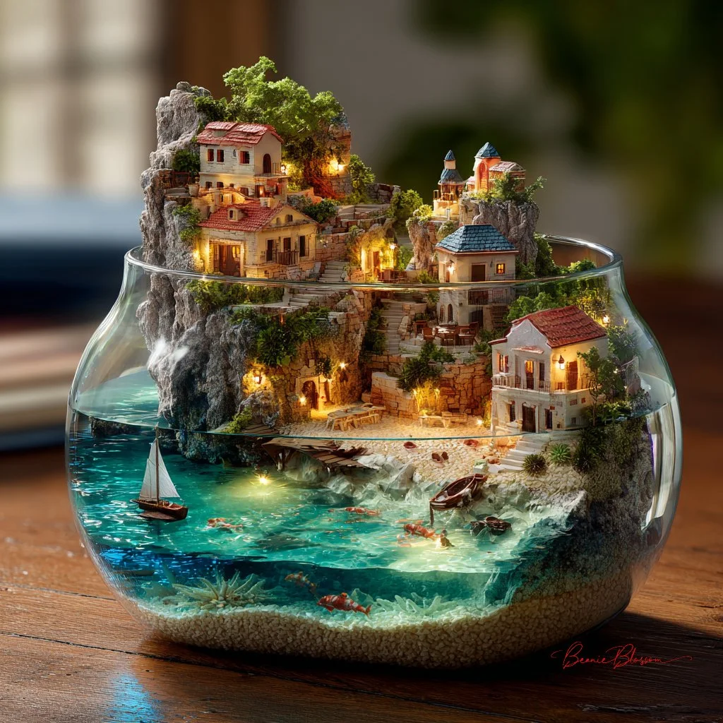 Sunlit room frames a dreamy aquarium containing a magical tiny village.