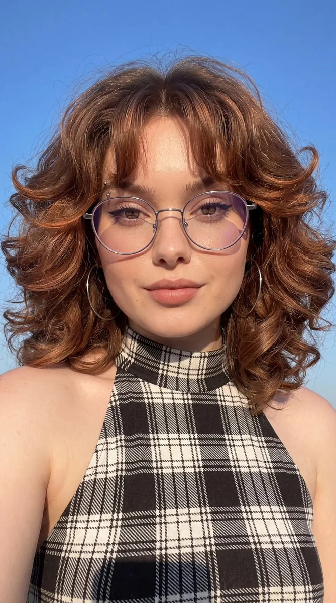 Sunlit selfie captures young woman with glossy brown hair and playful smile