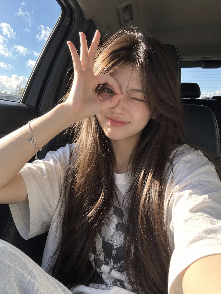 Sunlit Selfie Of A Playful Young Woman In A Car