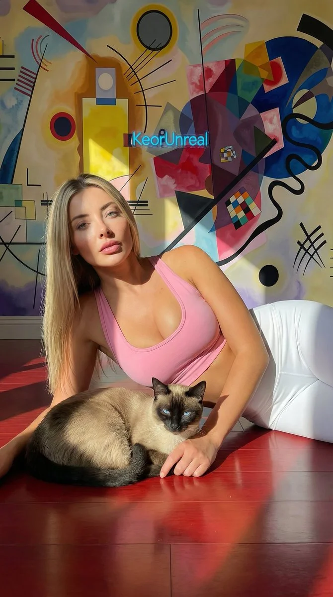 Sunlit Serenity: Blonde Woman and Siamese Cat in Kandinsky Glow