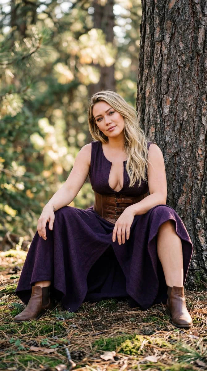 Sunlit Serenity: Hilary Duff in a Purple Medieval Forest