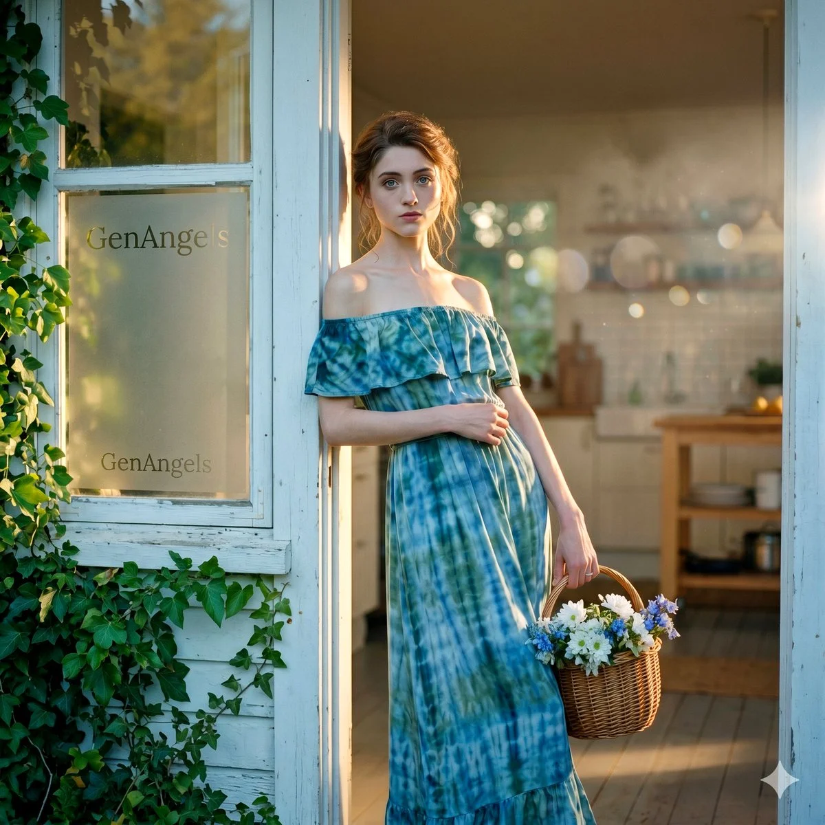 Sunlit Serenity: Natalia Dyer at a Rustic Cottage Doorway