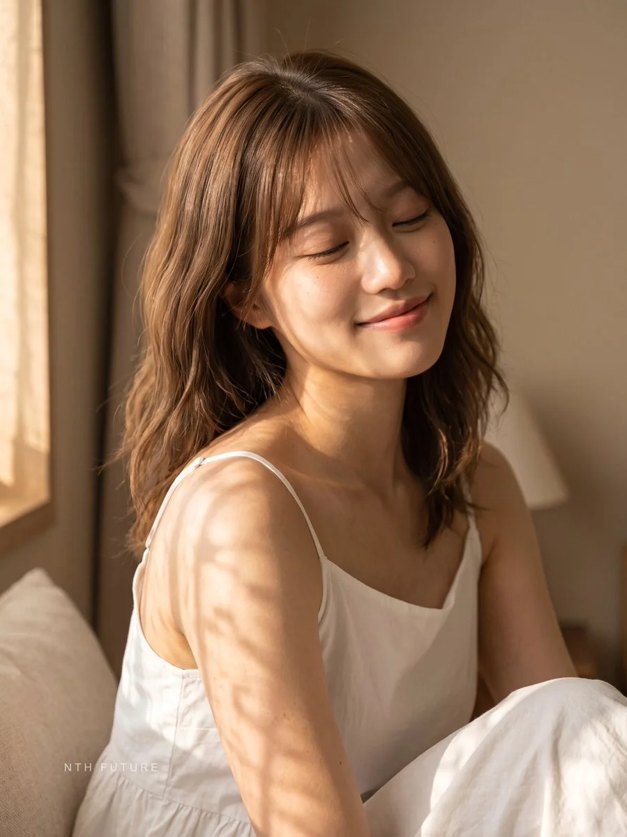 Sunlit Serenity: Young Woman With Gentle Smile In Golden Light