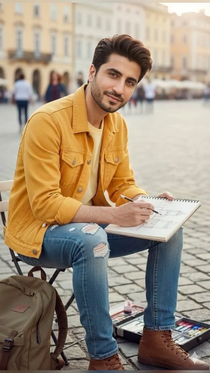 Sunlit Sketcher in a Vibrant European Plaza