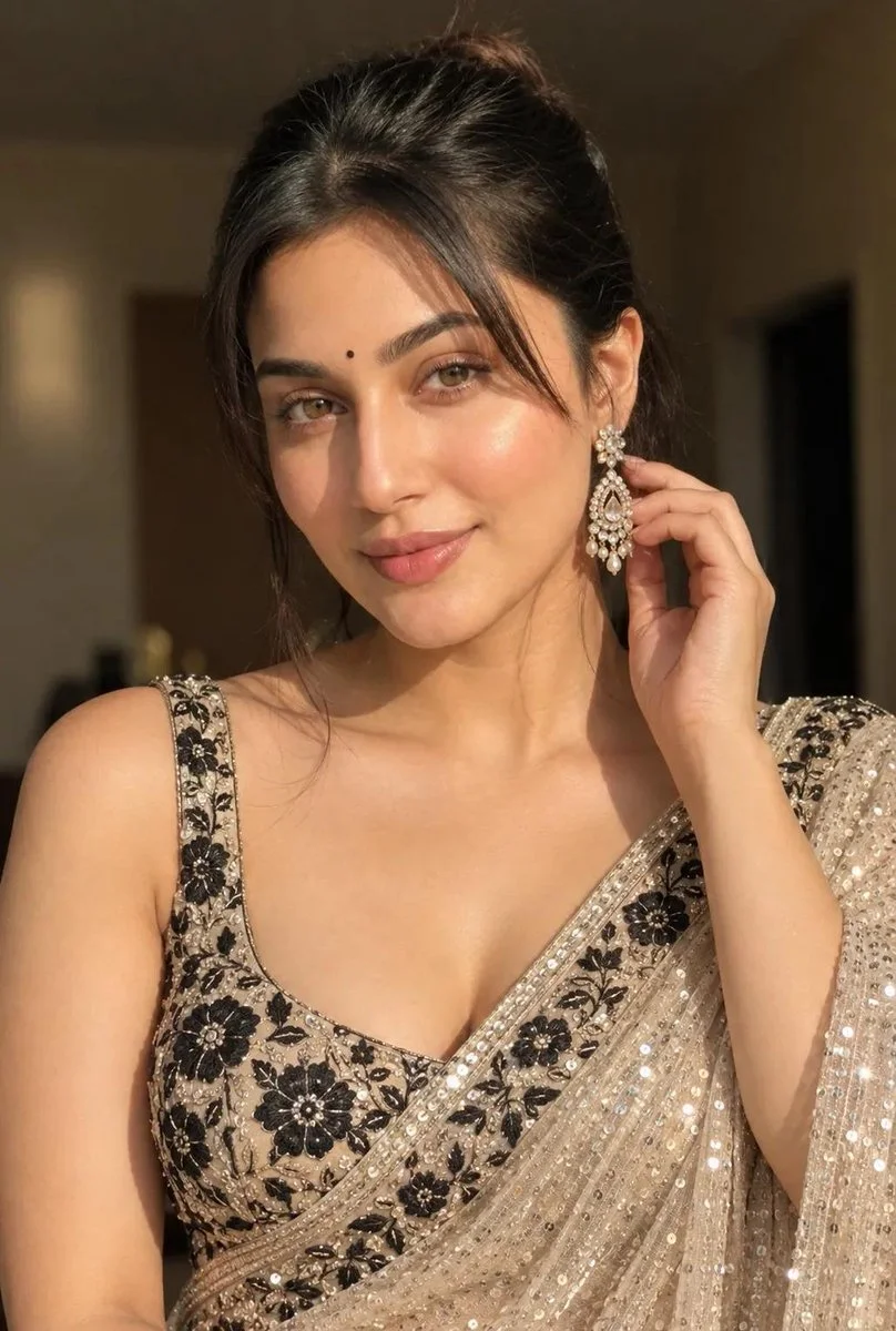 Sunlit South Asian Woman in Champagne Saree Touches Earring Gently
