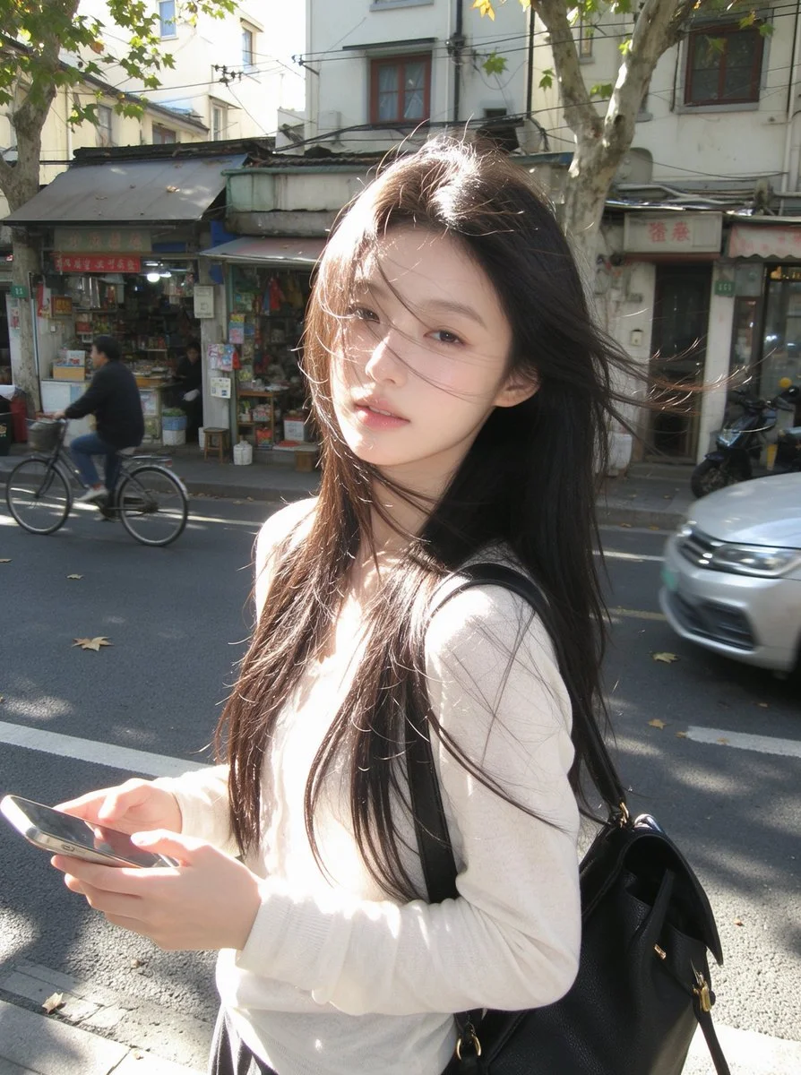 Sunlit Street Style: Girl with Phone Amid Morning Shops