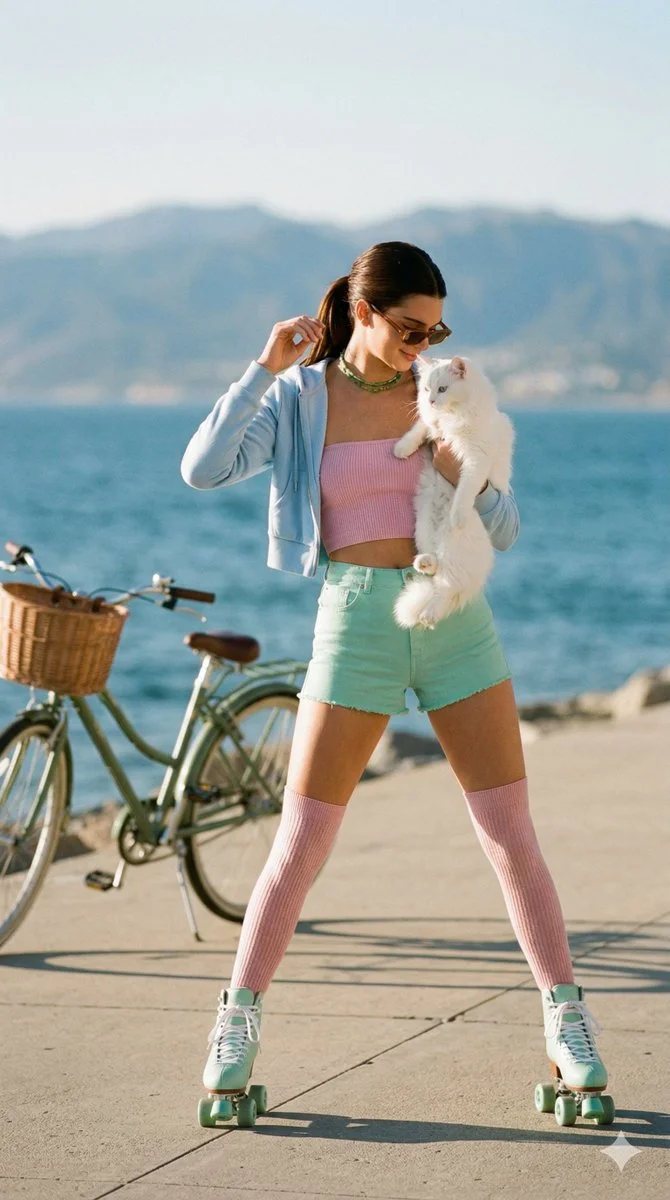 Sunlit Summer Grace: Kendall Jenner on Mint Green Roller Skates