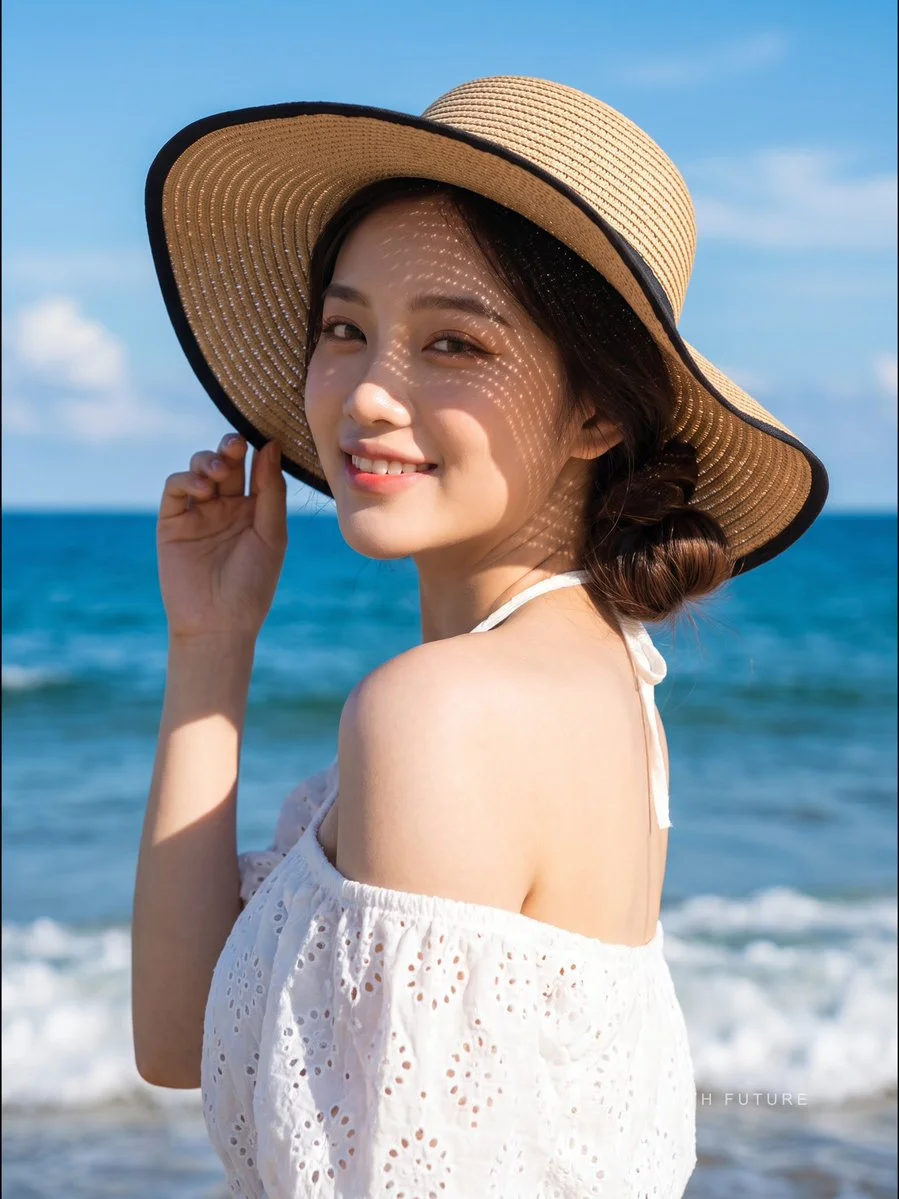Sunlit Vietnamese model glances over shoulder with joyful smile at beach