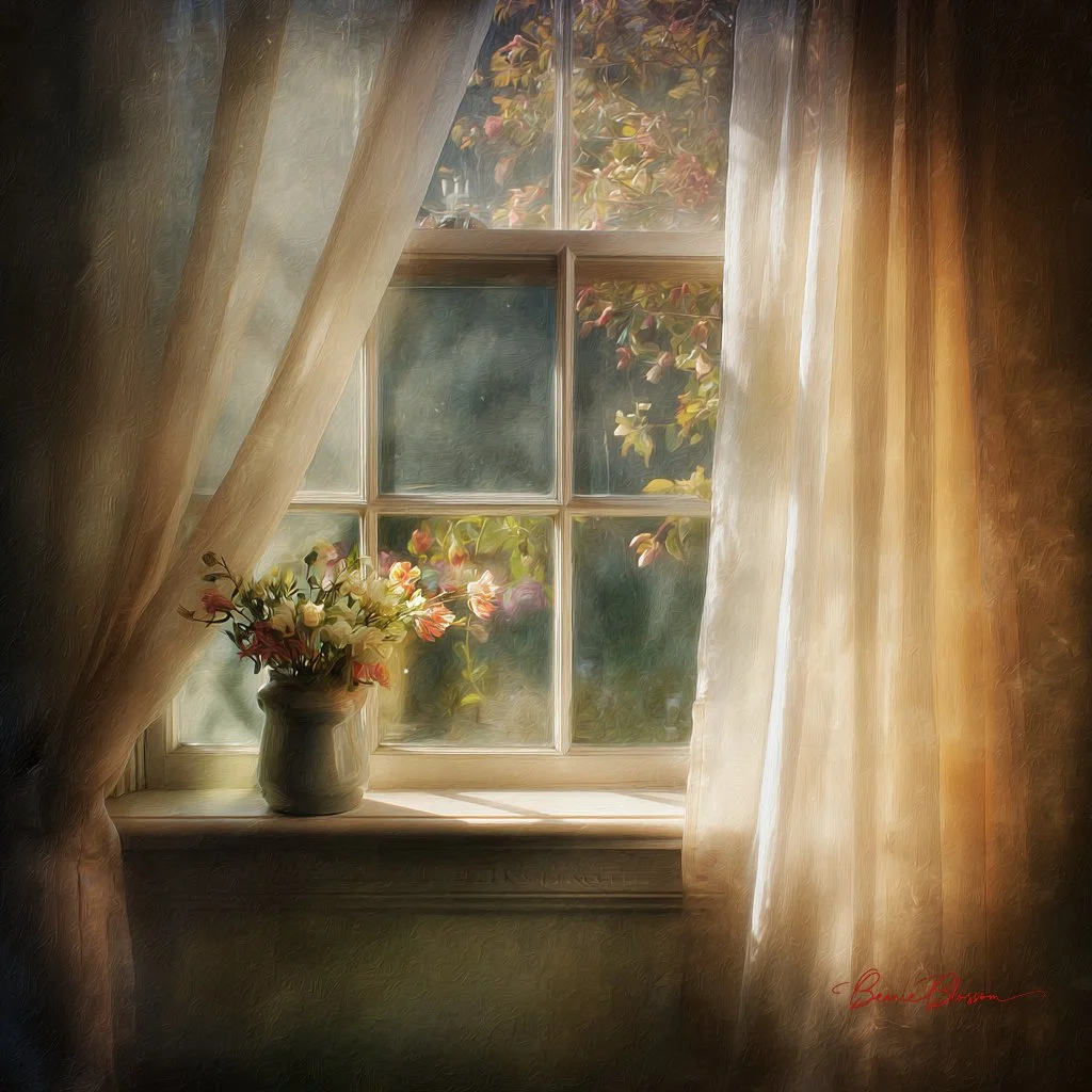 Sunlit Window Framing a Blooming Spring Garden