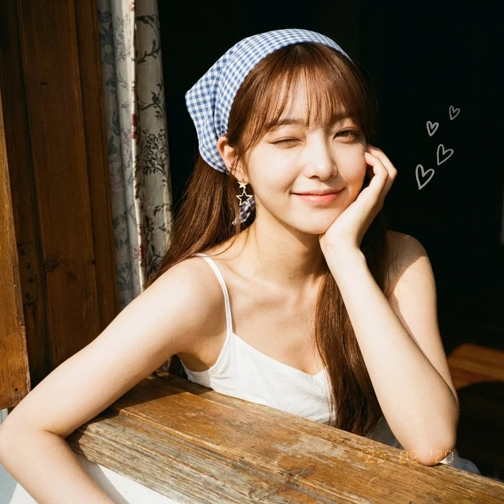 Sunlit Wink by a Rustic Window in Blue Gingham