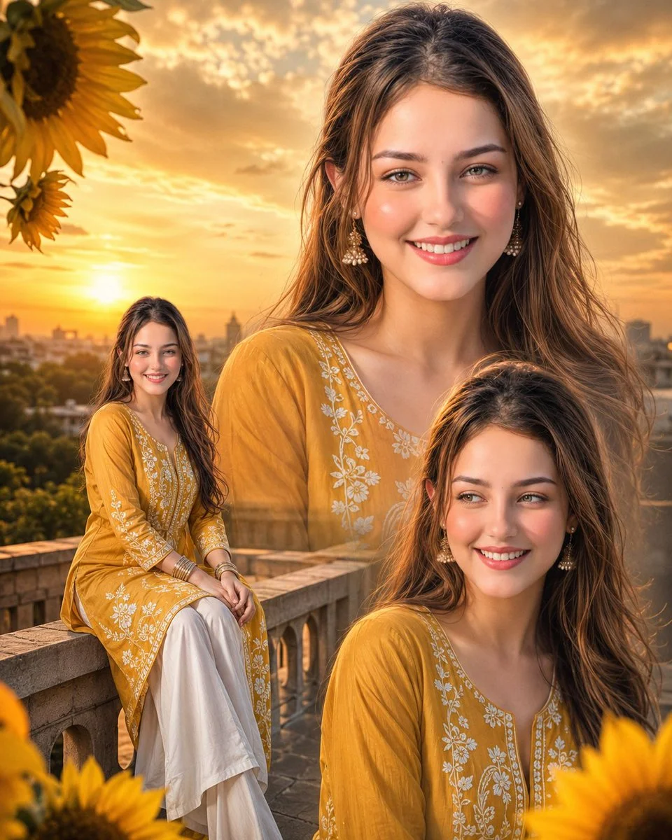 Sunlit woman in mustard kurti smiles in triple rooftop portrait