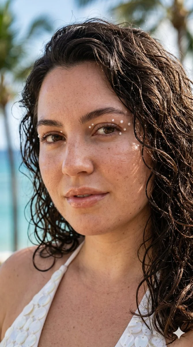 Sunlit woman with dewy skin and pearl beads on terrace