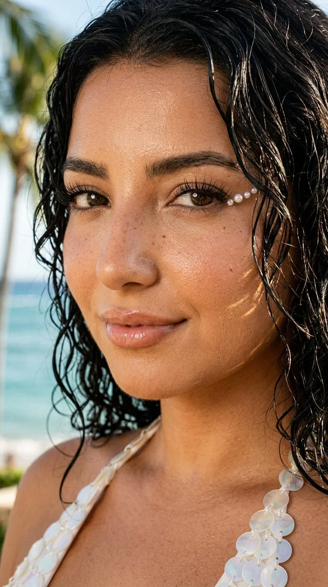 Sunlit woman with glossy lips and pearl beads on Hawaii terrace