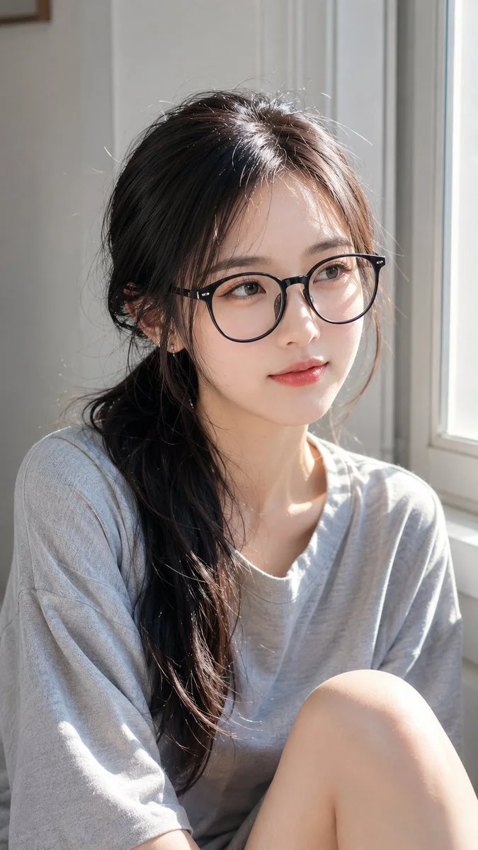Sunlit woman with messy hair sits peacefully by a bright window