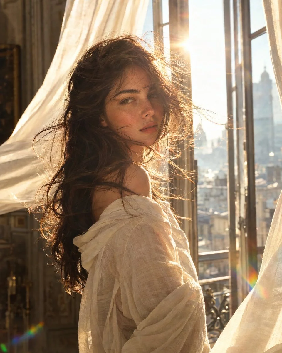 Sunlit woman with windblown hair gazes back at camera