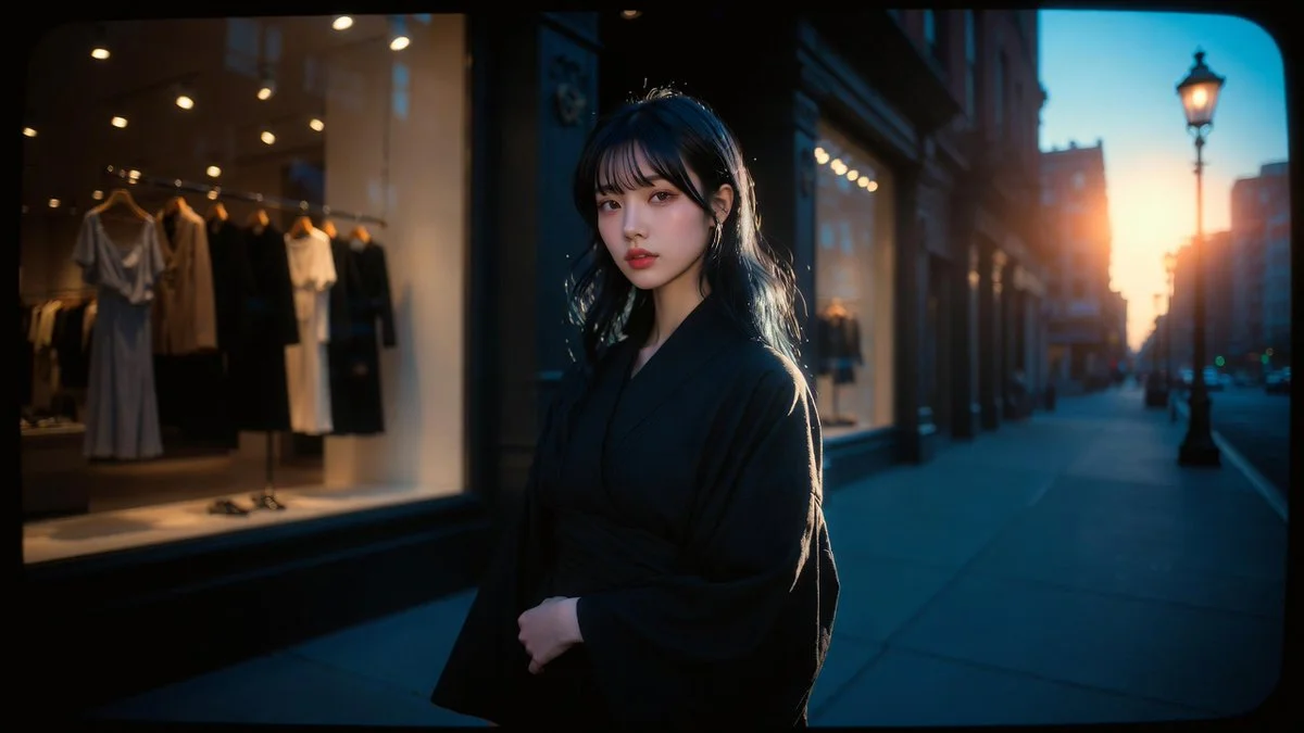 Sunrise illuminates a Korean woman in kimono during city stroll