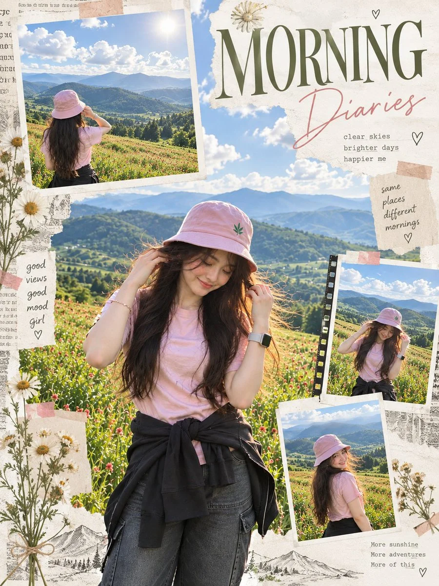 Sunrise Travel Journal Collage with Polaroids and Pressed Daisies