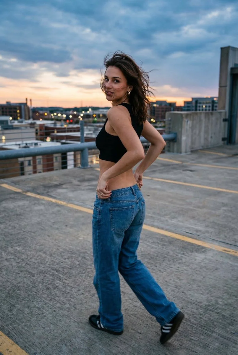 Sunset Glance: Candid Moment on a Rooftop Parking