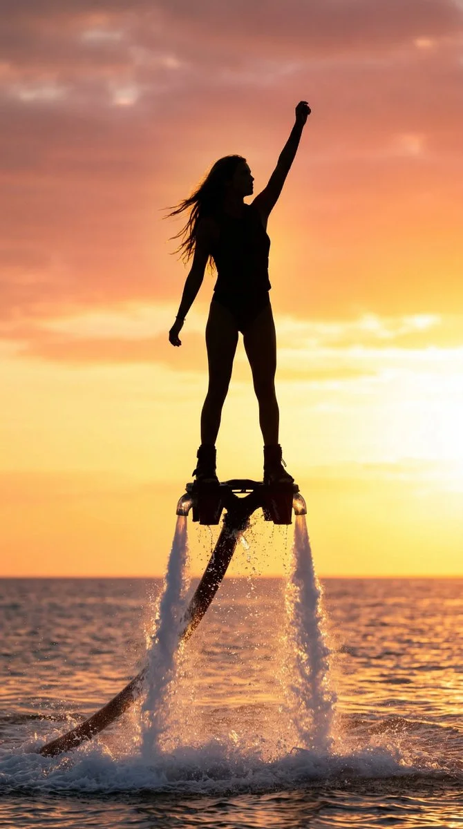 Sunset Silhouette of a Woman Flyboarding Above Ocean Waves