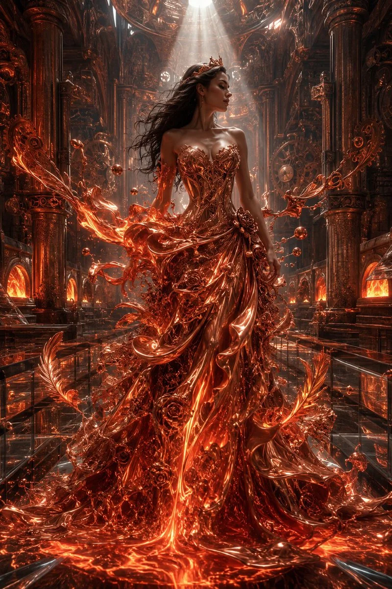 Supermodel wears living molten copper gown in ancient forge