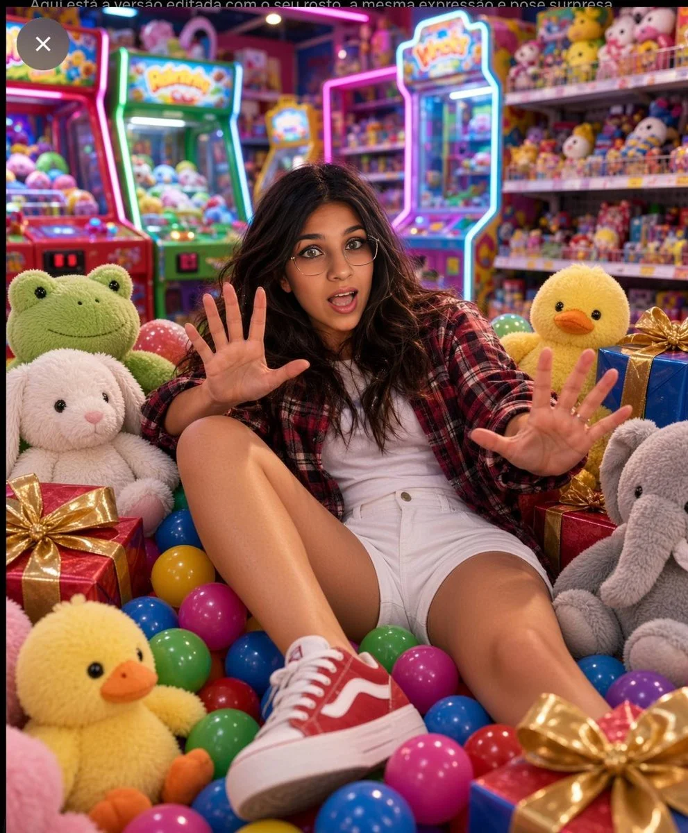 Surprised Girl with Messy Hair Sits Among Plush Toys in Ball Pit