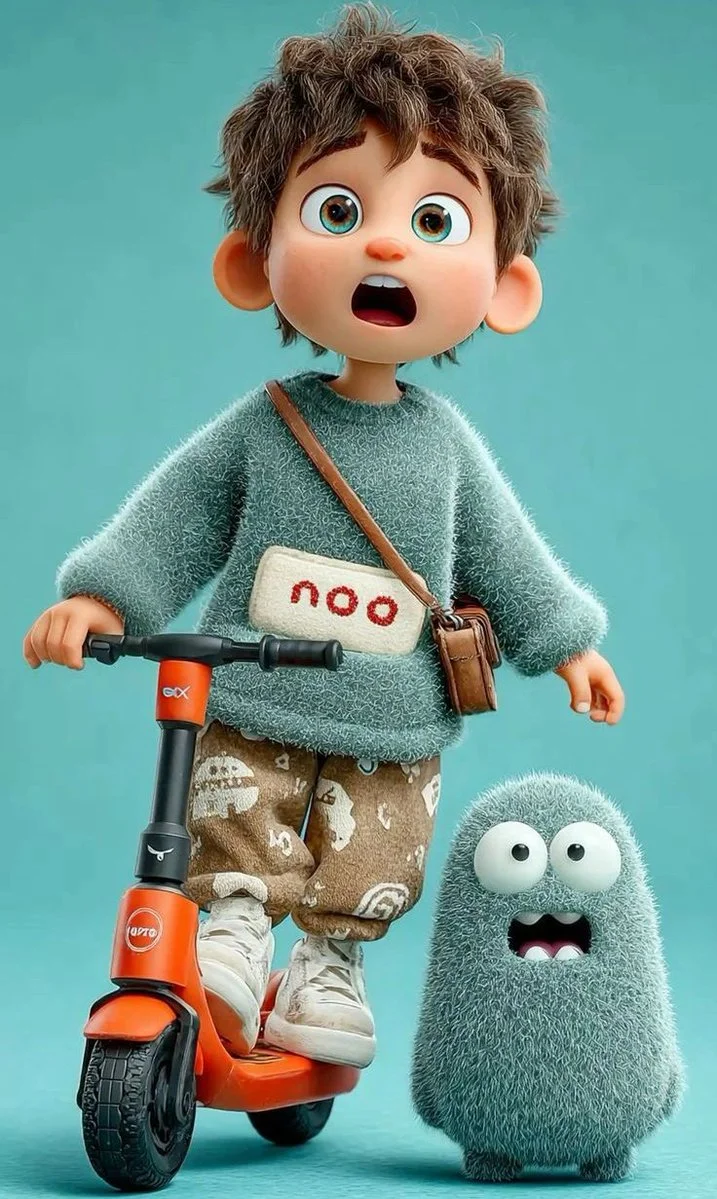 Surprised Pixar-Style Boy on Electric Scooter in Vibrant Studio