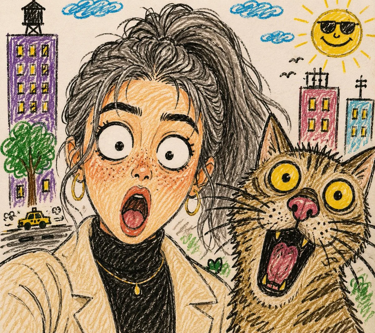 Surprised woman and shocked cat take a hilarious selfie