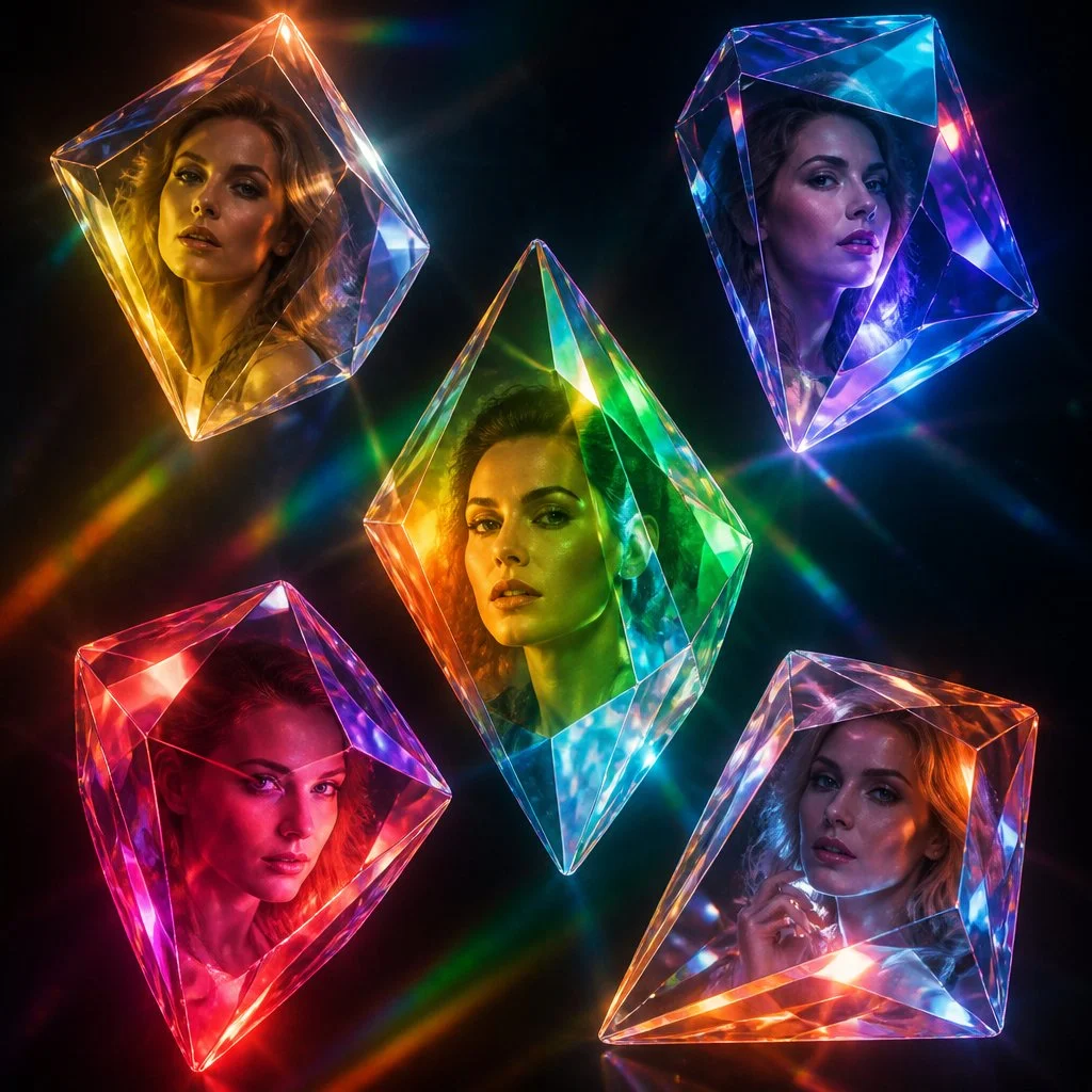 Surreal 3D Space with Geometric Crystals and Vibrant Light Play