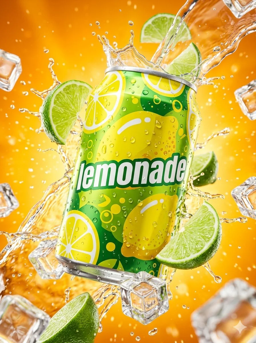 Surreal Citrus Eruption: Lemonade Can Amidst Liquid Chaos