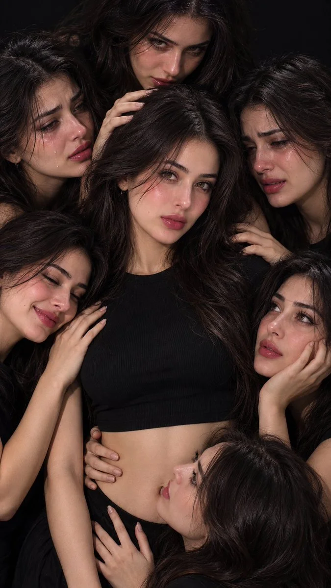 Surreal editorial portrait of one woman encircled by many expressive faces